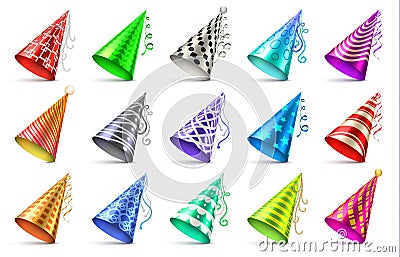 Cone paper hat with birthday decoration elements. Party caps isolated vector set Vector Illustration