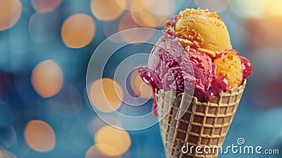 A cone of peach ice cream with a swirl of raspberry sauce inspired by the merging of two different flavor combinations Stock Photo