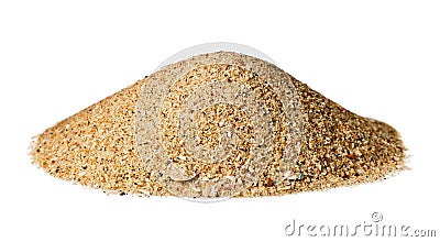 Cone shaped mound of dry sand; isolated on white. Stock Photo