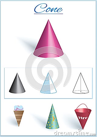 Cone. Volumetric geometrical figure with examples of such objects form Vector Illustration