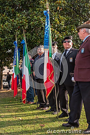 Conegliano, Italy - October 13, 2017: Commemoration ceremony at the monument to the fallen soldiers. Veterans and Editorial Stock Photo