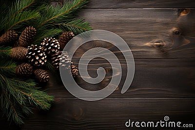 Cones and fir tree branches on dark wooden table. Christmas flat lay background with copy space Stock Photo