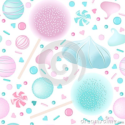 Confection candy seamless pattern set. White and pink marshmellows, lollipop, icing, Vector Illustration