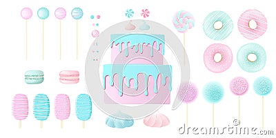 Confection candy sweet set. blue and pink marshmellows, lollipop, donuts, icing, different toppings Vector Illustration