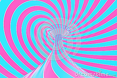 Confection festive pink and blue spiral tunnel. Striped twisted lollipop optical illusion. Abstract background. 3D render. Stock Photo