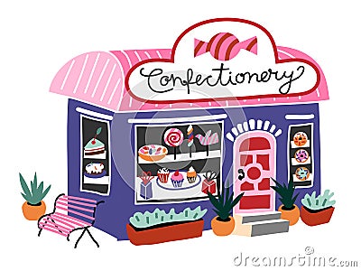 Confectionary building candy shop with storefront Vector Illustration