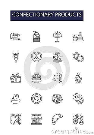 Confectionary products line vector icons and signs. Cookies, Cake, Toffees, Chocolate, Marshmallow, Fudge, Chewing-gum Vector Illustration