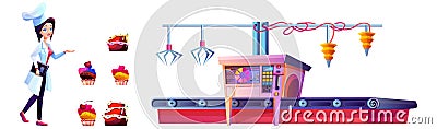 Confectioner on candy factory and cake production line Vector Illustration