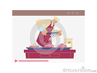 Confectioner cooking dessert video tutorial. Vector Illustration