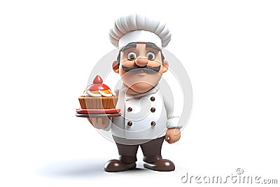 Confectioner 3d avatar. A male cook with a delicious cupcake in his hands. Stock Photo