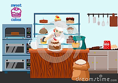 Confectioner girl cook preparing chocolate cake with cherry. Sweet shop cartoon composition with smiling confectioner Vector Illustration