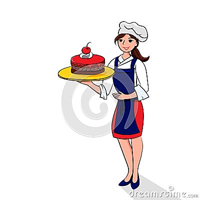 Confectioner girl with tasty cake in her hands Vector Illustration