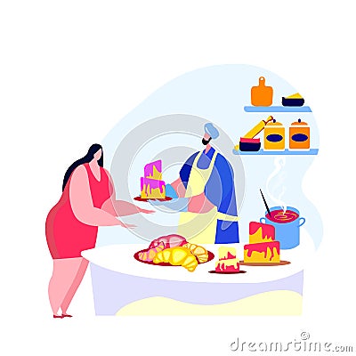 Confectioner selling a big cake with an berry cream in his confectionary shop Vector Illustration