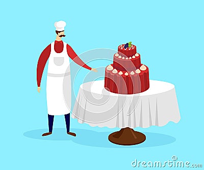 Confectioner Standing near Table with Festive Cake Vector Illustration