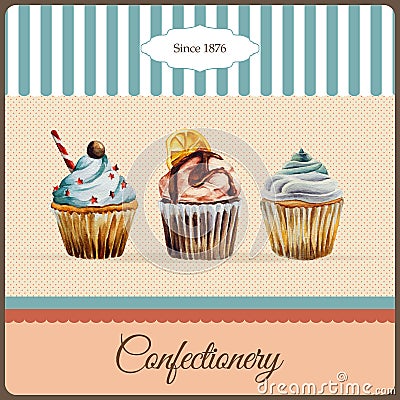 Confectionery advertisement with watercolor Vector Illustration