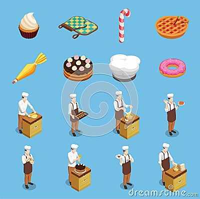 Confectionery Chef Isometric Icons Set Vector Illustration