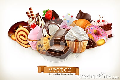 Confectionery. Chocolate, cakes, cupcakes and donuts. Vector illustration Vector Illustration