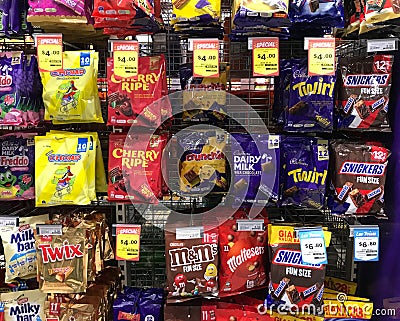 Confectionery on display at supermarket Editorial Stock Photo