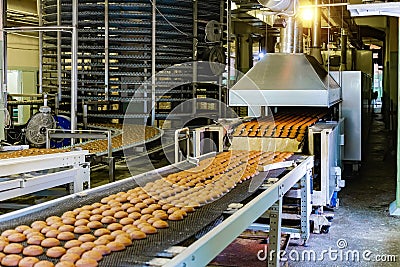 Confectionery factory. Production line of baking cookies. Stock Photo