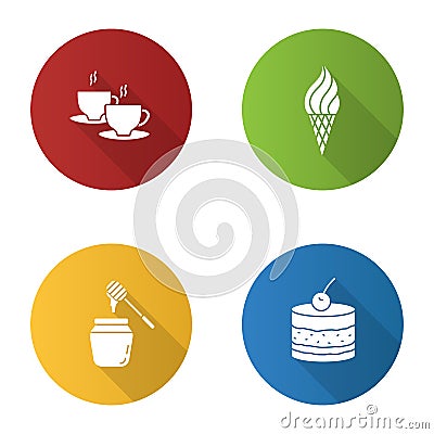 Confectionery flat design long shadow glyph icons set Vector Illustration