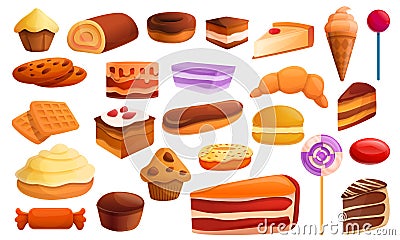 Confectionery icons set, cartoon style Vector Illustration