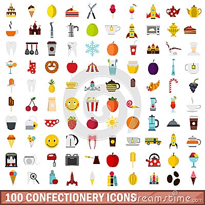 100 confectionery icons set, flat style Vector Illustration