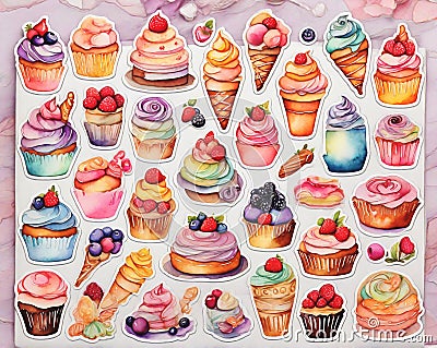 Confectionery pastry shop menu design background with assorted collection of tasty sweets stickers, pastel watercolor arrangement Cartoon Illustration