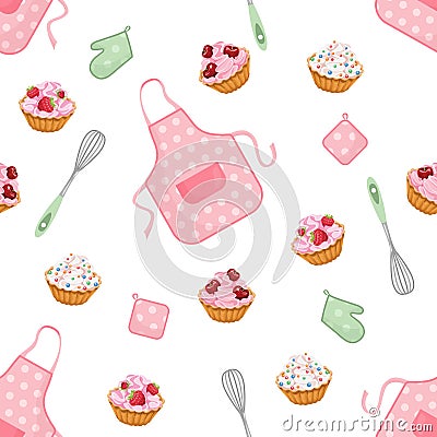 Confectionery seamless pattern. Vector illustration of sweet cupcake, pink apron, whisk, potholder and mittens Vector Illustration