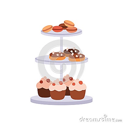 Confectionery on serving plate. Sweet desserts on 3-layered tray. Confection, yummy treats. Cupcakes, eclairs, macarons Vector Illustration