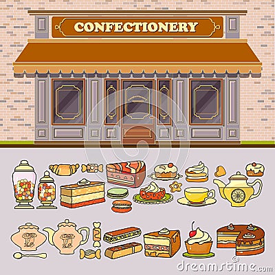 Confectionery shop and set of cute various desserts icons. Vector Illustration