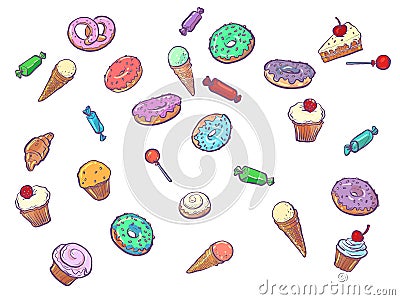 Confectionery sweets candy cupcake donut cake ice cream. birthday background Cartoon Illustration