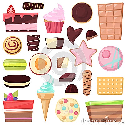 Confectionery sweets chocolate candies and sweet confection dessert in candyshop illustration of confected cake or Cartoon Illustration