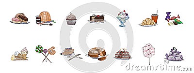 Confectionery sweets a large selection of sketches Vector Illustration