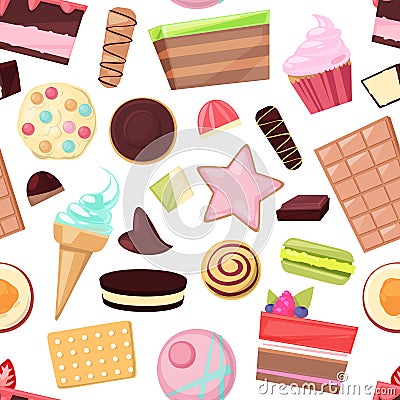 Confectionery sweets vector chocolate candies and sweet confection dessert in candyshop illustration of confected cake Vector Illustration