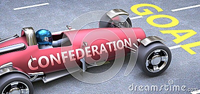 Confederation helps reaching goals, pictured as a race car with a phrase Confederation on a track as a metaphor of Confederation Cartoon Illustration