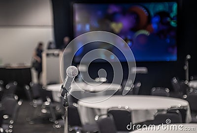 Conference concert room with mic for public speaking and performance Stock Photo