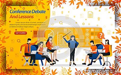 Conference debate and lessons. women teaching business and students are debating, concept vector ilustration. can use for landing Vector Illustration