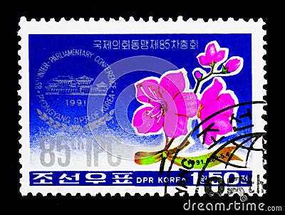 Conference emblem and azalea, 85th Interparliamentary Union Conference, Pyongyang serie, circa 1991 Editorial Stock Photo