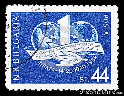 Conference Emblem, International Conference of the Working Youth, Prague serie, circa 1958 Editorial Stock Photo
