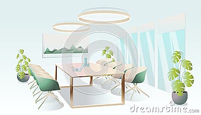 Conference meeting room interior. Empty office with laptop, blackboard, coffee cup and water on table. Business meeting Vector Illustration