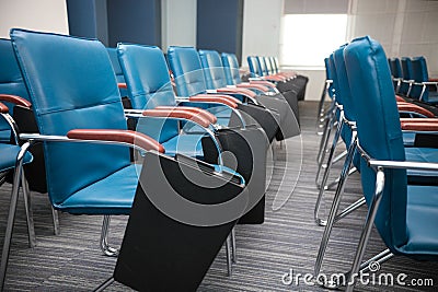 Conference Meeting Room. Rows of Blue Chairs Stock Photo