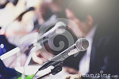 Conference microphones in business meeting Stock Photo