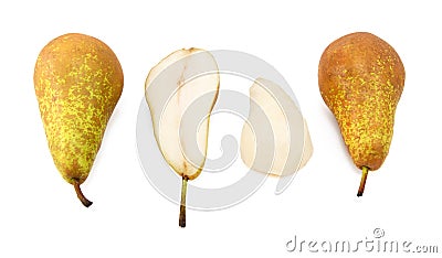 Conference pears - whole, halved and peeled Stock Photo