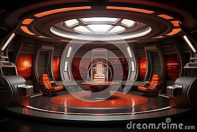 Conference room interior in futuristic starship, generative AI Stock Photo