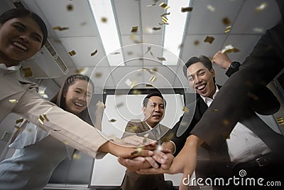 Conference room workers team meeting and wear office uniform suit everyone grin while harmony hands and one guy show donâ€™t give Stock Photo