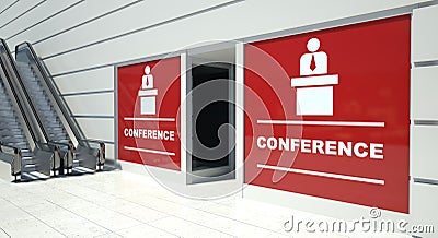 Conference on shopfront windows and escalator Stock Photo