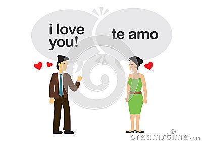 Confession of a couple in different languages. Concept of foreign communication or multiracial relationship Vector Illustration