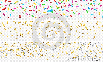 Confetti banner. Gold silver colorful falling particles on transparent background. Festive celebration, birthday Vector Illustration