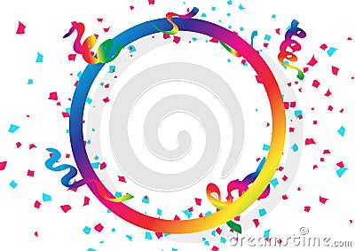 Confetti celebration, ribbons and paper scatter falling with circular ring spectrum rainbow frame using for holidays concept on Vector Illustration