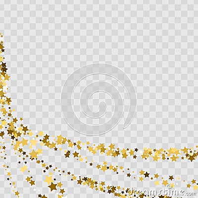 Confetti cover from gold stars. Swirl path like corner vignette. Vector Illustration